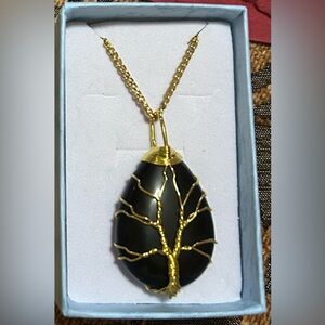 Gold Wire Wrapped and Black Tree of Life Pendant Necklace